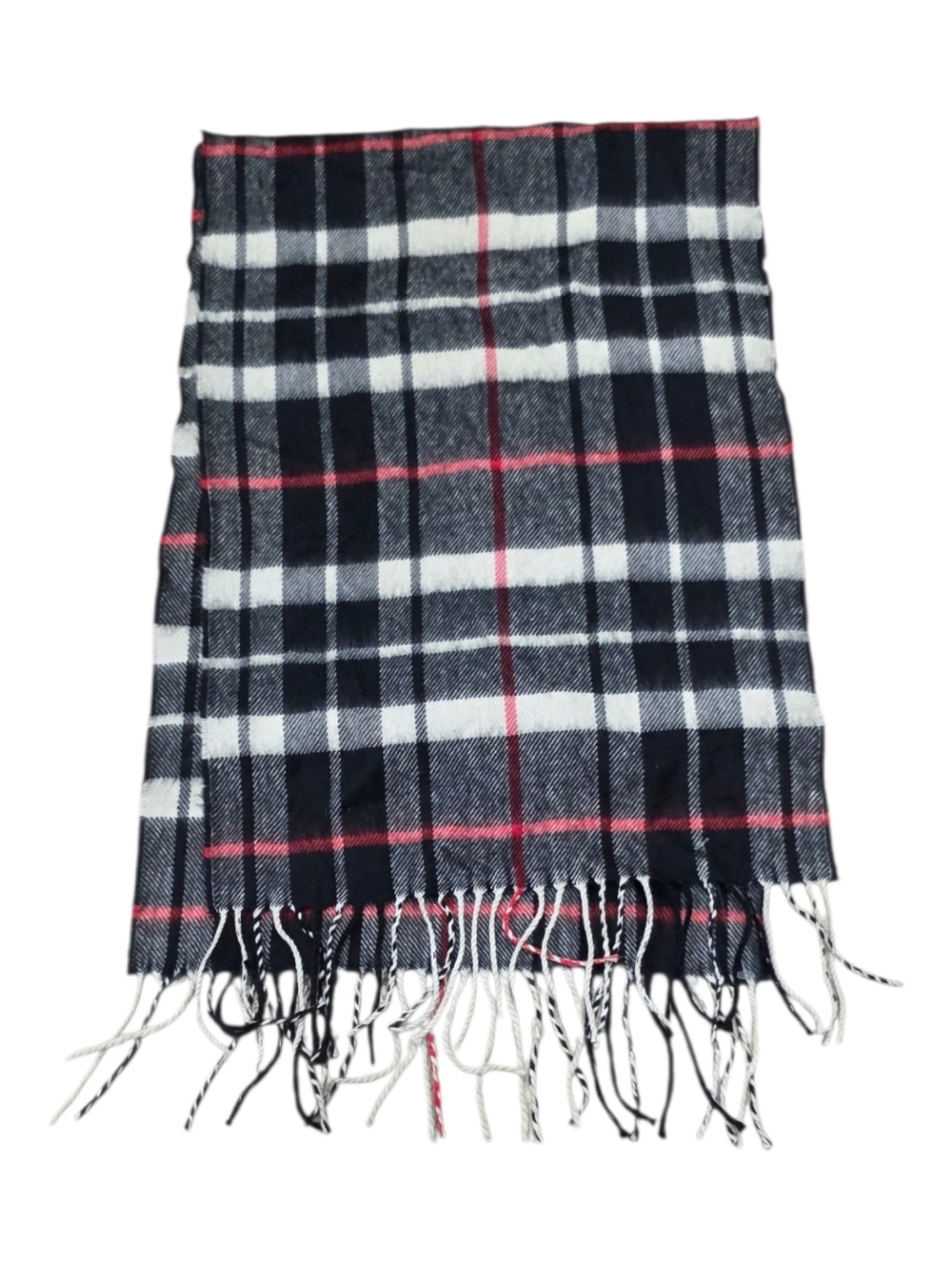 D&Y Plaid Black White Red "Softer Than Cashmere" Fringe Scarf